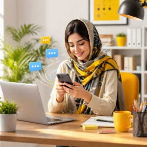دختری در حال ارسال پیامک